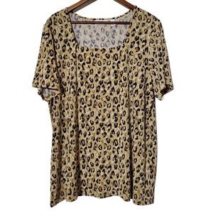 Susan Graver Liquid Knit Top Size XL Animal Print Square Neck Short Sleeve Women